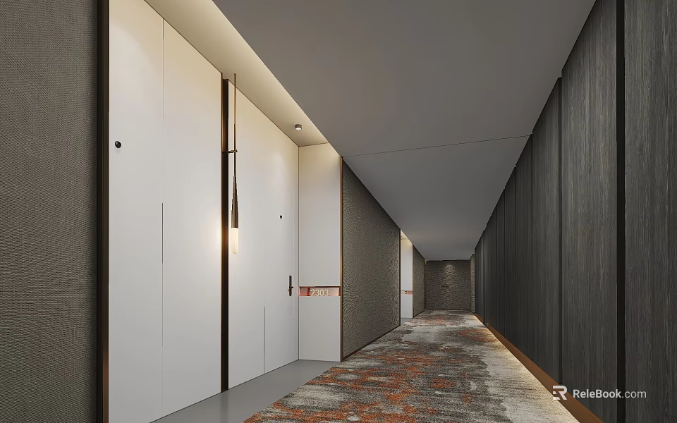 Modern Elevator Hallway Interior Design With White Doors Dark Walls And Patterned Carpet 3d model