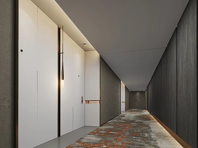 Modern Elevator Hallway Interior Design With White Doors Dark Walls And Patterned Carpet 3d model