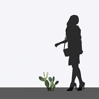 Elegant Modern Woman Silhouette Standing Next to Green Cactus Bonsai Plant 3d model