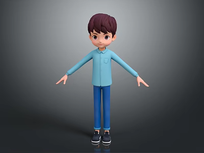 Game and Movie Character 3D Cartoon Boy in Blue Outfit with Brown Hair Black Shoes 3d model