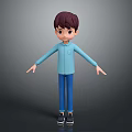 Game and Movie Character 3D Cartoon Boy in Blue Outfit with Brown Hair Black Shoes