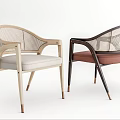 Two Stylish Dining Chairs with Wooden Frame Rattan Backrest Light Gray and Brown Cushions