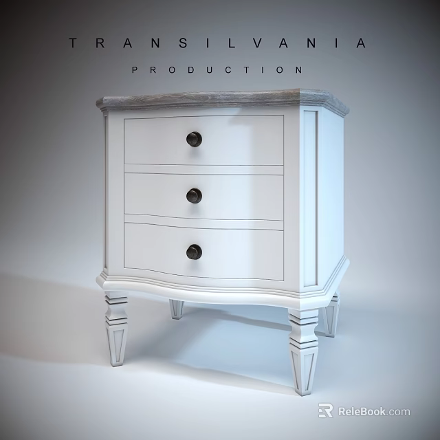 White Bedside Table With Three Drawers Black Round Knobs And Marble Top 3d model 