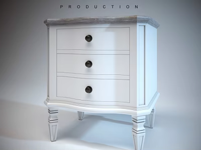 White Bedside Table With Three Drawers Black Round Knobs And Marble Top 3d model