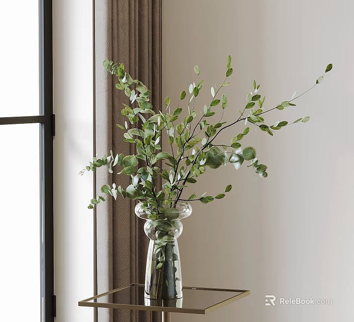 Transparent Glass Vase With Green Eucalyptus Branches On Table By Window Curtains 3d model 
