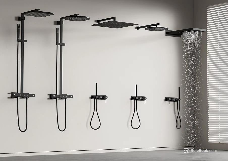 Modern Black Wall Mounted Shower Systems With Multiple Rainfall And Handheld Heads 3d model