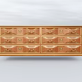 Elegant Wooden Entryway Side Cabinet With Carved Details And Gold Accents