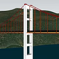 Red Suspension Bridge With White Towers Over Blue River By Green Forest