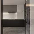Modern Contemporary Kitchen Interior With Dark Cabinets White Countertop Window Blinds And Decorative Plant