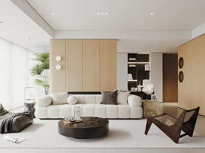 Modern Living Room With Sofa Round Coffee Table Wooden Cabinets And Plants 3d model