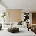 Modern Living Room With Sofa Round Coffee Table Wooden Cabinets And Plants