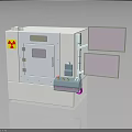 White Radiation Equipment With Control Panel Display Screens And Radioactive Warning Sign