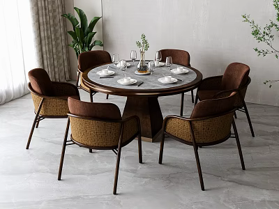 Round Wooden Dining Table Set with Six Rattan Chairs Tableware and Decorative Plants 3d model