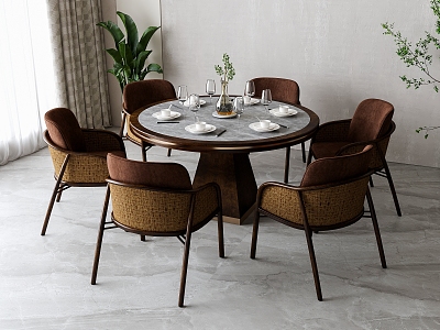 New Chinese Round Dining Table and Chair Combination 3d model