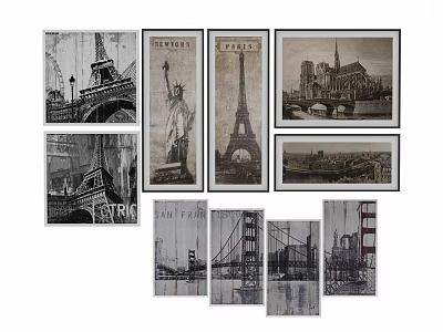 Vintage Black and White Wall Art Featuring Famous Landmarks for Home Decor 3d model