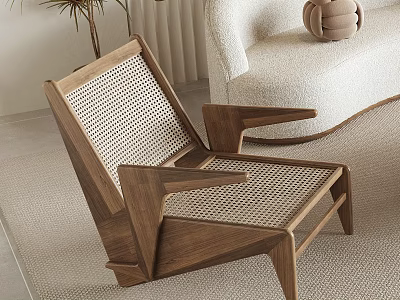 Modern Wooden Lounge Chair With Woven Cane Seat And Backrest Design 3d model