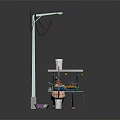 Street Food Stall Setup With Noodle Sign Cups Cooking Tools And Lamp Post Wires