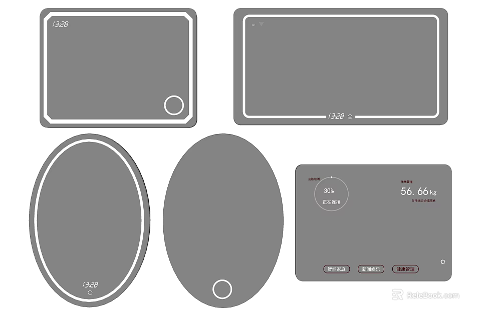 Modern Various Shaped Mirrors With Sleek Borders Control Panels And Digital Displays 3d model