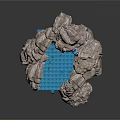 Detailed Rock Formation Structure With Blue Bridge And Flowing Waterfalls