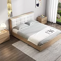 Double Bed In Modern Bedroom With White Padded Headboard Wooden Frame And Striped Mattress