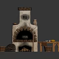 Rustic Stone Hearth Scene With Clay Pot Wooden Table And Buckets