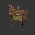 Vintage Wooden Desk With Red Wheel Pump Mechanism And Decorative Details