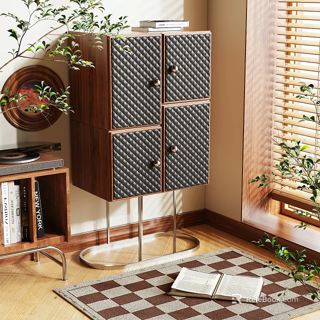 Elegant Modern Entryway Side Cabinet With Wooden Panels Metal Frame Books And Potted Plant 3d model 