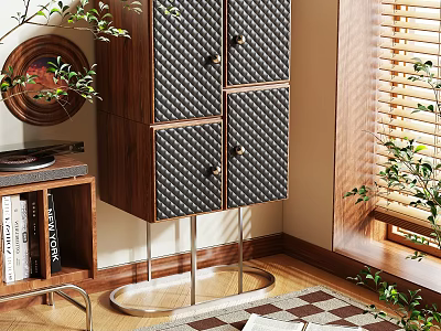 Elegant Modern Entryway Side Cabinet With Wooden Panels Metal Frame Books And Potted Plant 3d model