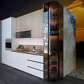 Stylish Modern Sideboard With White Wooden Cabinets Countertop Wine Bottles Glasses And Lighting