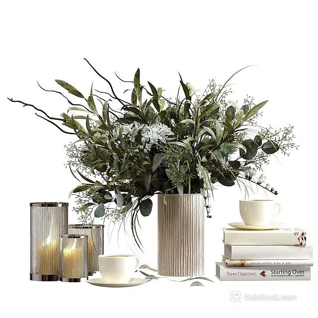 Modern Decorative Ornament Set With Green Plants Ceramic Vase Candles And Stacked Books 3d model 