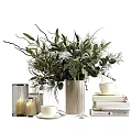 Modern Decorative Ornament Set With Green Plants Ceramic Vase Candles And Stacked Books