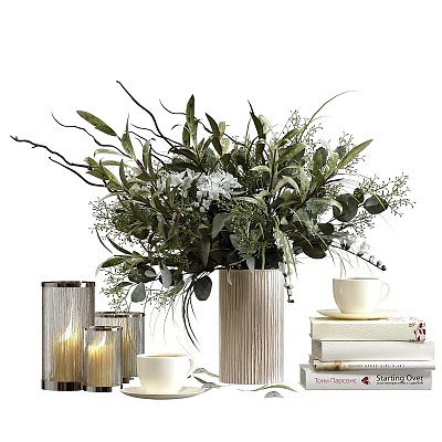 Modern Decorative Ornament Set With Green Plants Ceramic Vase Candles And Stacked Books 3d model