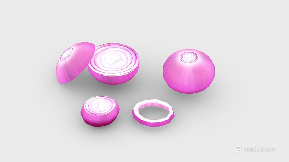 Fresh Pink Onion Vegetables Displaying Whole Cut And Sliced Sections 3d model 