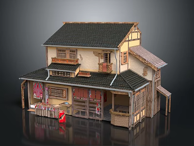 Traditional Japanese Two Story Building With Black Roof Wooden Shop Front And Red Stall 3d model