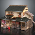 Traditional Japanese Two Story Building With Black Roof Wooden Shop Front And Red Stall