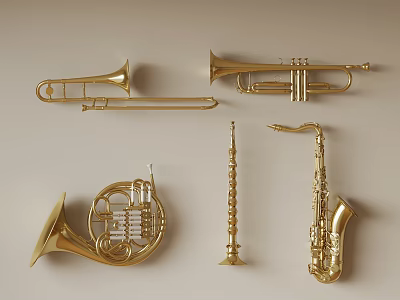 Collection of Brass Musical Instruments Including Trumpet Trombone French Horn Clarinet and Saxophone 3d model