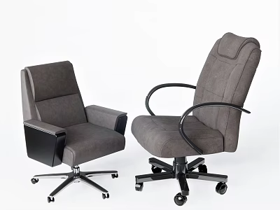 Two Gray Modern Office Chairs With Black Armrests And Swivel Wheels 3d model