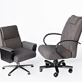 Two Gray Modern Office Chairs With Black Armrests And Swivel Wheels