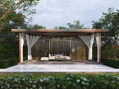 Modern Outdoor Pergola Design with Curtains Glass Walls and Cozy Seating Area 3d model