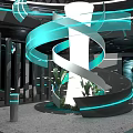 Futuristic Tech Exhibition Hall With Spiral Structure Blue LED Lighting And Interactive Displays 3d model