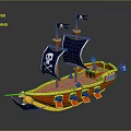 Pirate Ship Play Equipment with Yellow Hull Blue Sails Red Cabin and Black Skull Flags
