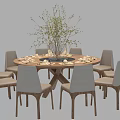 Round Wooden Dining Table Set with Eight Fabric Chairs Vase and Tableware 3d model