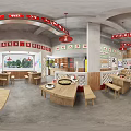 Traditional Hotpot Restaurant With Red Banners Wooden Tables Lattice Partitions And Green Plants
