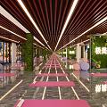 Modern Yoga Studio Fitness Space With Pink Mats Exercise Balls And Green Plant Walls