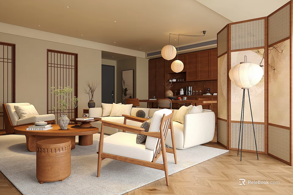 Minimalist Living and Dining Room Interior With Wooden Screens White Sofas And Pendant Lights 3d model 