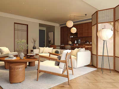 Minimalist Living and Dining Room Interior With Wooden Screens White Sofas And Pendant Lights 3d model