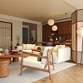 Minimalist Living and Dining Room Interior With Wooden Screens White Sofas And Pendant Lights