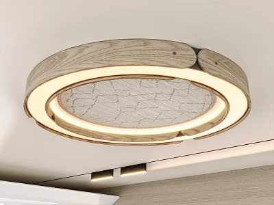 Round Wooden Frame Ceiling Light with Textured Center and Warm Illumination 3d model