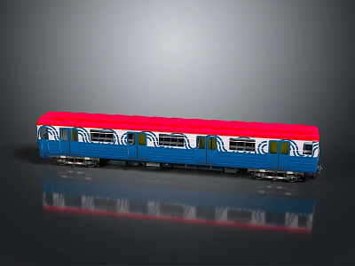 Showcasing Blue Body Red Roof Model Train with White Windows and Decorative Patterns 3d model