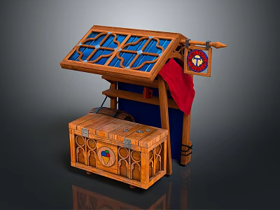 Modern Wooden Market Stall Setup With Blue Glass Windows And Emblem Chest 3d model